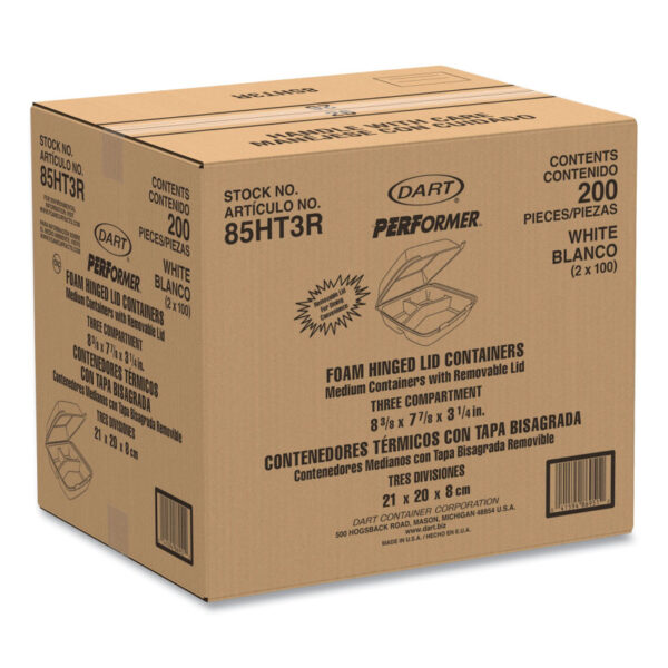 Dart Foam Hinged Lid Containers, 3-Compartment, 8.38 x 7.78 x 3.25, 200/Carton (85HT3R) - Image 5