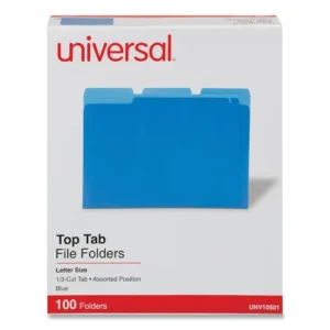Universal Deluxe Colored Top Tab File Folders, 1/3-Cut Tabs: Assorted, Letter Size, Blue/Light Blue, 100/Box (UNV10501)