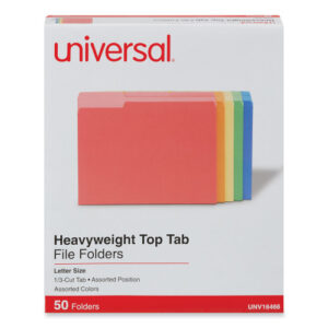 Universal Deluxe Heavyweight File Folders, 1/3-Cut Tabs: Assorted, Letter Size, 0.75" Expansion, Assorted Colors, 50/Box (UNV16466)